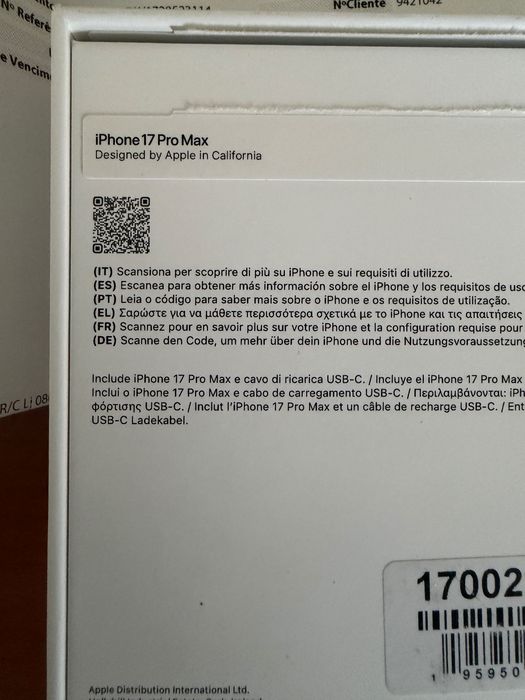 iPhone 17 Pro Max com fatura (28.8.2026) e garantia