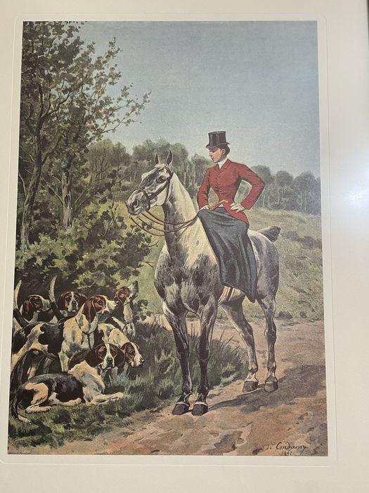 Quadro com gravura amazona a cavalo, cena de caça inglesa