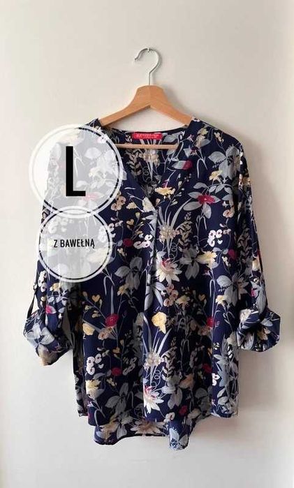 Granatowa żółta bluzka w kwiaty damska z bawełną River Flower L 40