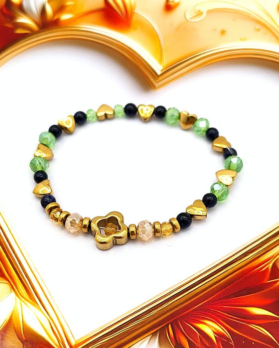 Bransoletka PREZENT | Serduszka Koniczyna Hematyt Crystal Beads
