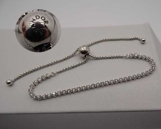 PANDORA Srebrna regulowana bransoletka z cyrkoniami długość do 23 cm.