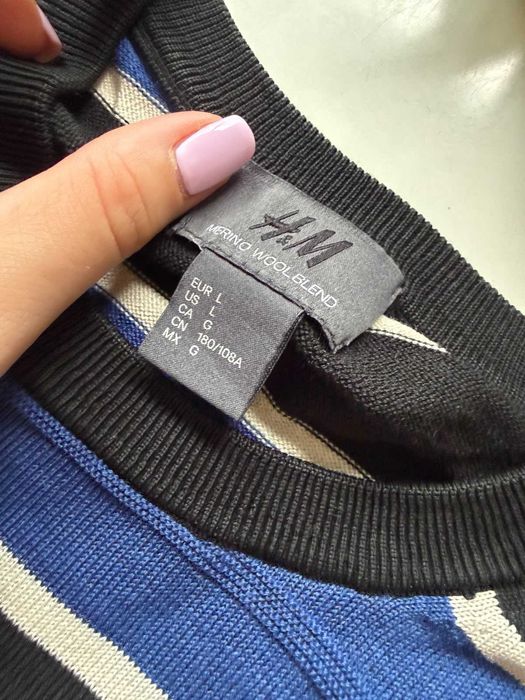 Lekki męski sweter w paski z wełną merino 50% wool