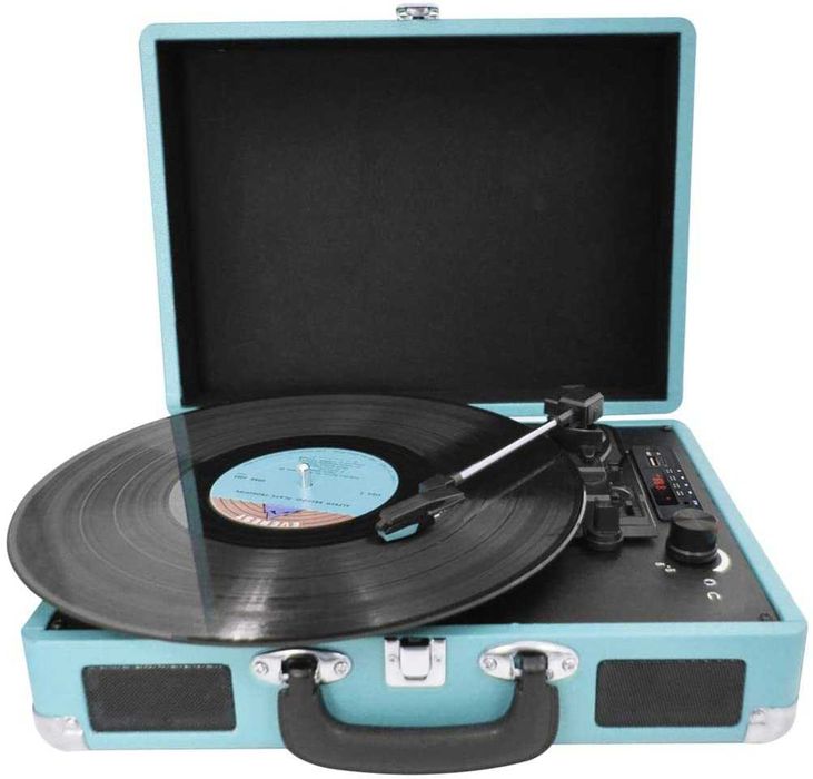 Gira discos mala em madeira Bluetooth e USB Giradiscos