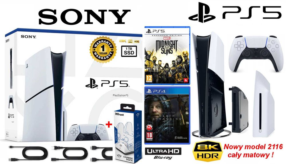 PS5 Slim 1TB + 2 gry + pad Dualsense + ładowarka + model 2116 NEW