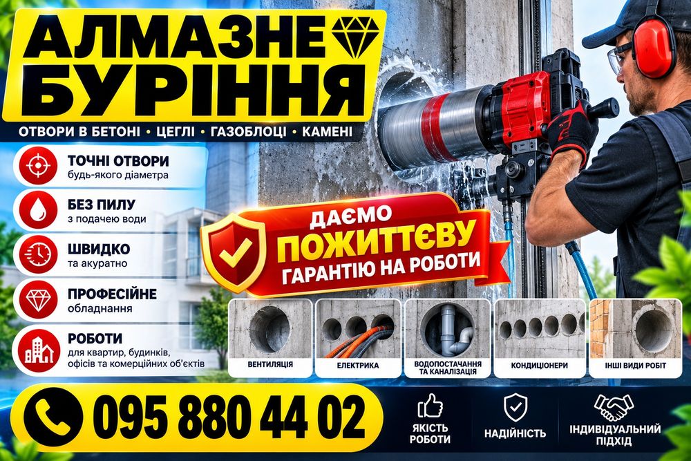Алмазное сверление отверстий/Бурение стен без пыли/Алмазне буріння отворів/Свердління без пилу та бруду