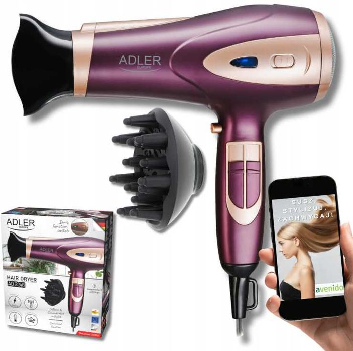 Suszarka do włosów Z JONIZACJĄ Zimny nawiew + Koncentrator i Dyfuzor
