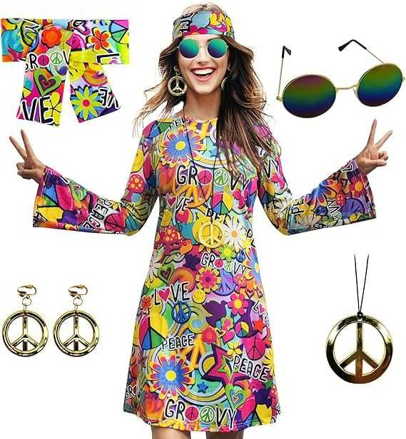 Kostium damski Strój HIPPIE sukienka HIPISOWSKA rozm. L AKCESORIA K364