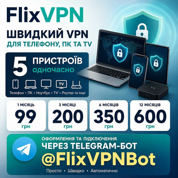 FlixVPN — швидкий VPN для телефону, ПК та TV | 5 пристроїв