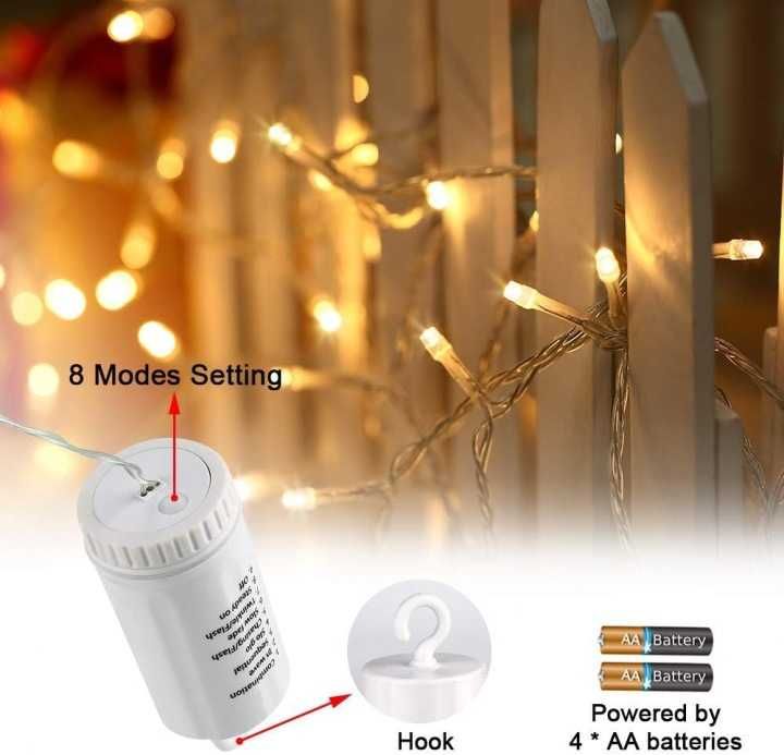 Qedertek Lampki 20 m 200 LED Ciepłe Białe Timer Pilot, B+
