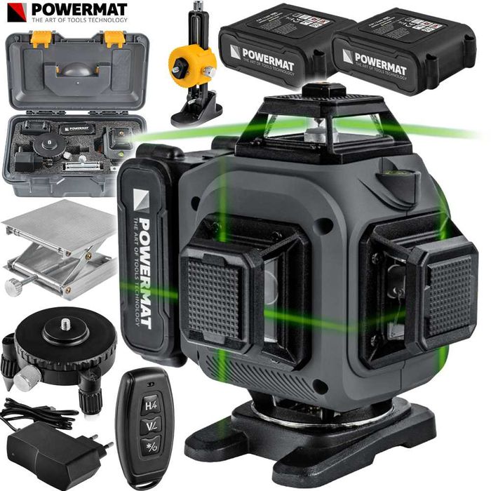 POWERMAT Poziomica Laserowa Laser Krzyżowy Zielony 4D 360° PM1494
