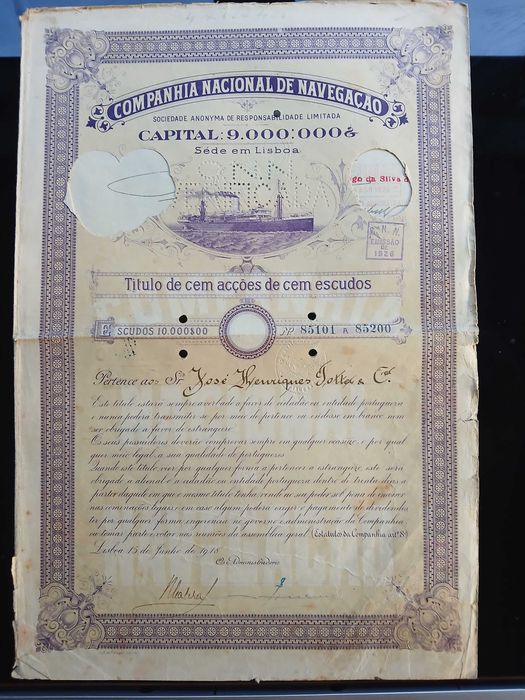 Acções da Companhia Nacional de Navegação - 1918 / 1926