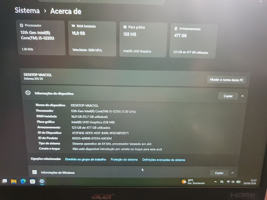 Portátil Acer 12 Geração i5 Ram 16gb disco nvme ssd 512gb