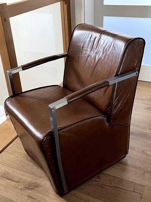 Fotel industrialny do stołu salonu biurowy Krzesło Skóra Metal Retro