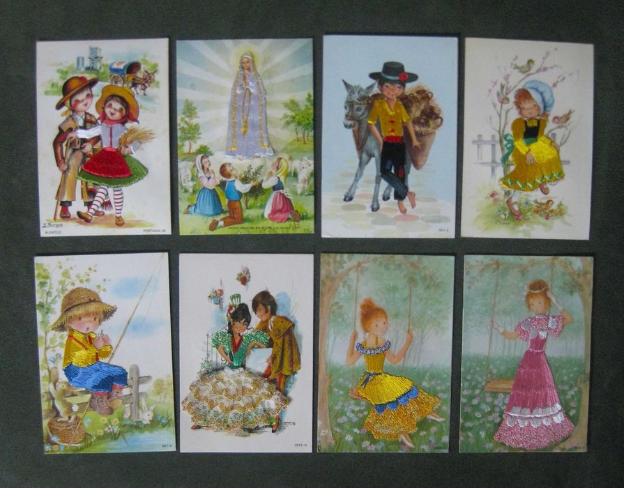 Conjunto de 8 Bilhetes Postais Bordados Espanha / Portugal