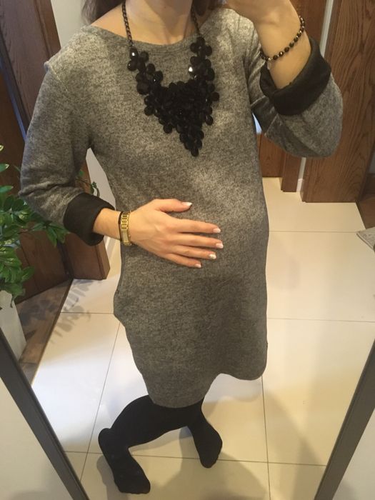 Szara sukienka S/M/L ciepla ciążowa z kieszeniami piękna wygodna