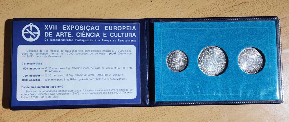 Carteira de 3 moedas prata,XVII Expo Europeia Arte,Ciência e Cultura