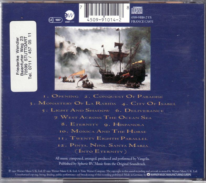 Vangelis.1492. Conquest Of Paradise. Фірмові CD фирменные