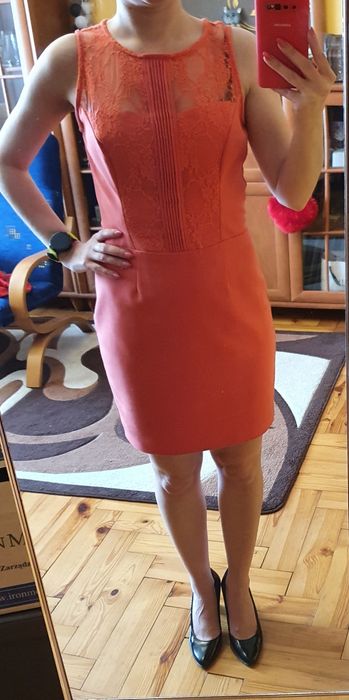 Łososiowa elegancka sukienka koronka 34 XS mohito