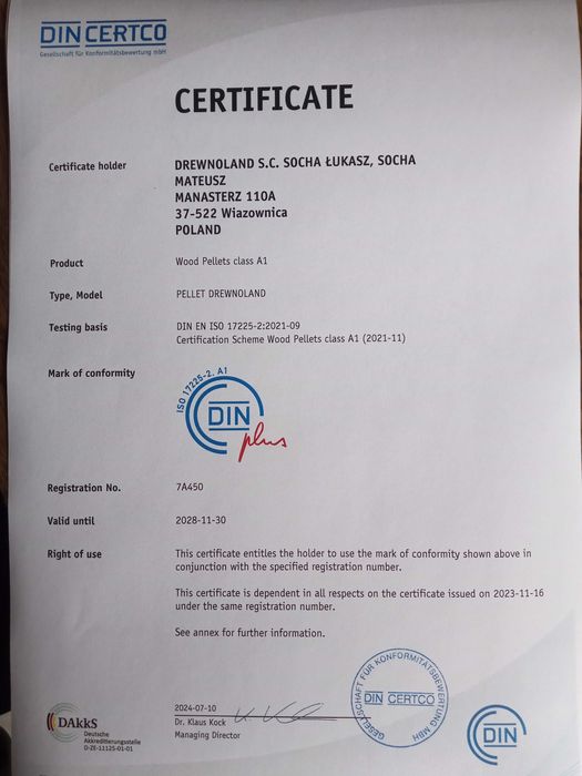 Opał, Pellet mieszany 6 mm, certyfikat DIN PLUS A1, Wylewa