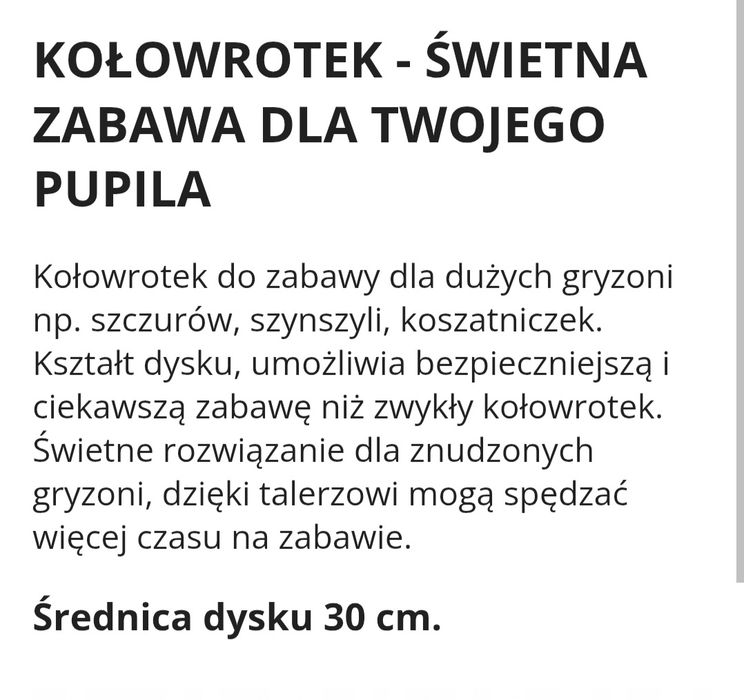Kołowrotek  dla gryzoni 30cm
