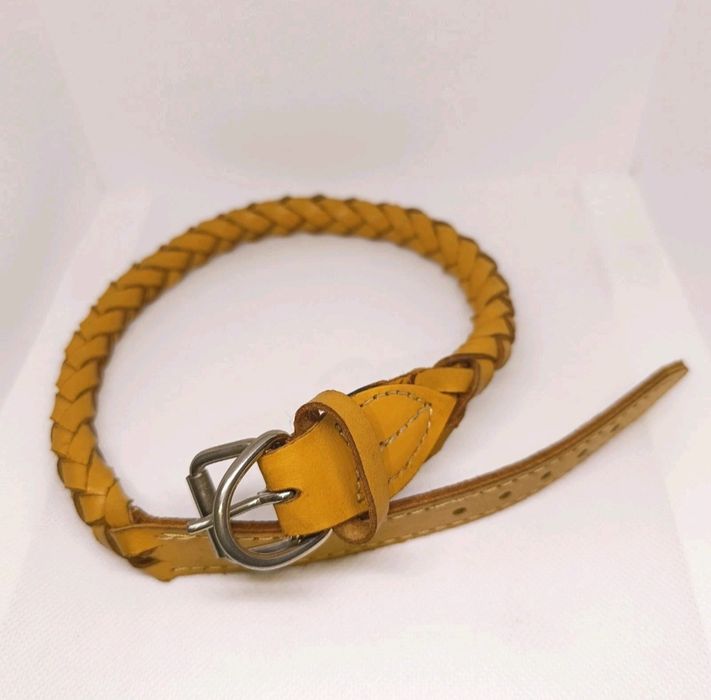 Coleira para cão em pele genuína trabalhada mão amarelo mostarda 60cm