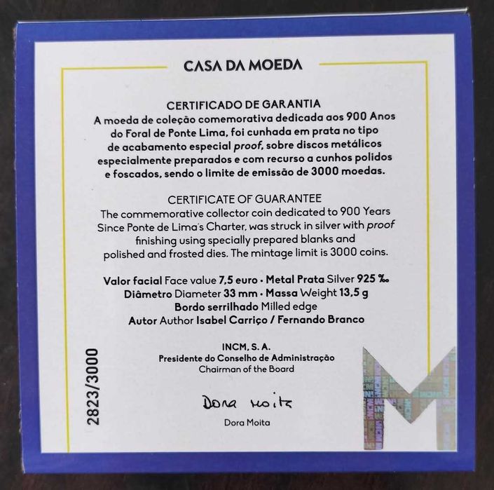 Moeda 7,5€ 2025 Prata Proof 900 Anos Foral Ponte Lima Estado Nova