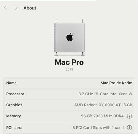 Mac Pro 2019 7.1 Xeon 16 core 96GB ECC RX6900XT 16 GB TorreWorkstation