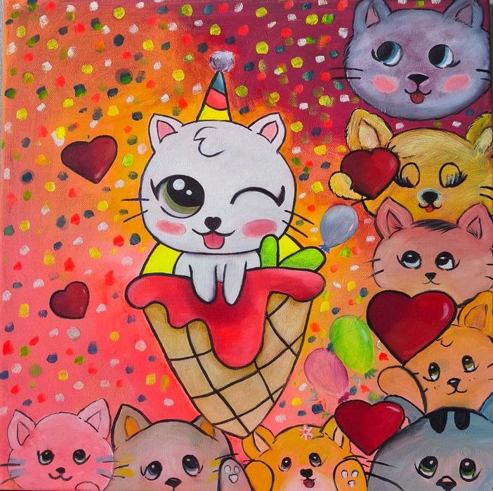 Quadro "Party" (40x40cm) - Pintura à mão - Técnica Óleo sobre tela (releitura - Artista Ana Maia)