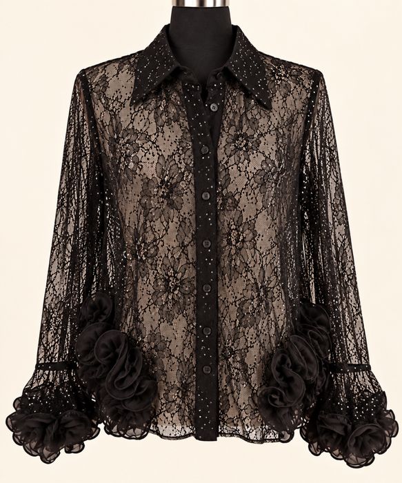 GP Paris piękna koronkowa bluzka S/M czarny  cekiny falbany glamour