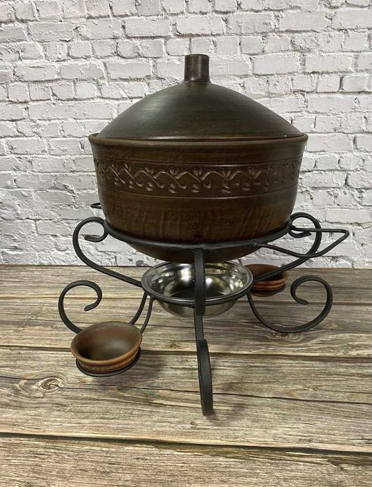 Садж кованный из красной глины кастрюля казанок 4 литра 2 соусника