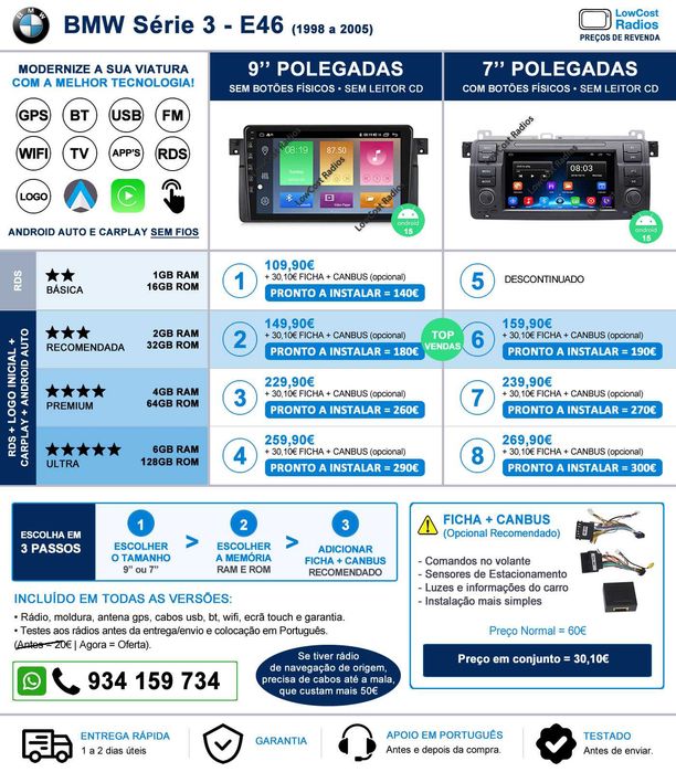 # PROMOÇÃO: Rádio GPS Multimédia 7" ou 9" | BMW E46 - Série 3 (ANDROID 15) | CARPLAY • ANDROID AUTO