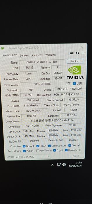 Placa Gráfica MSI GTX 1650 Ventus XS 4GB – Excelente Estado