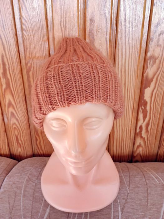 Okazja!!! Czapka zrobiona na drutach cynamonowa. Moher+wełna+akryl .Mi