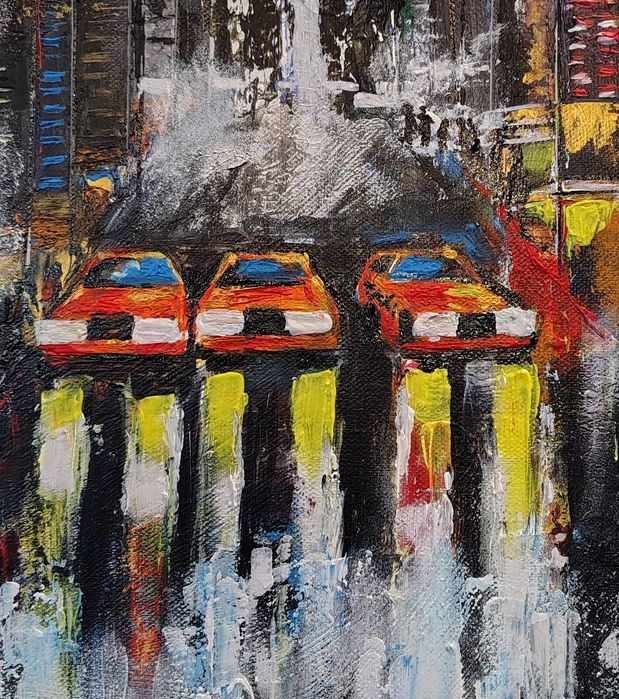 Obraz wspólczesny 30x40x4 cm. Metropolia w deszczu. Malarstwo strukturalne akrylowe na płótnie.