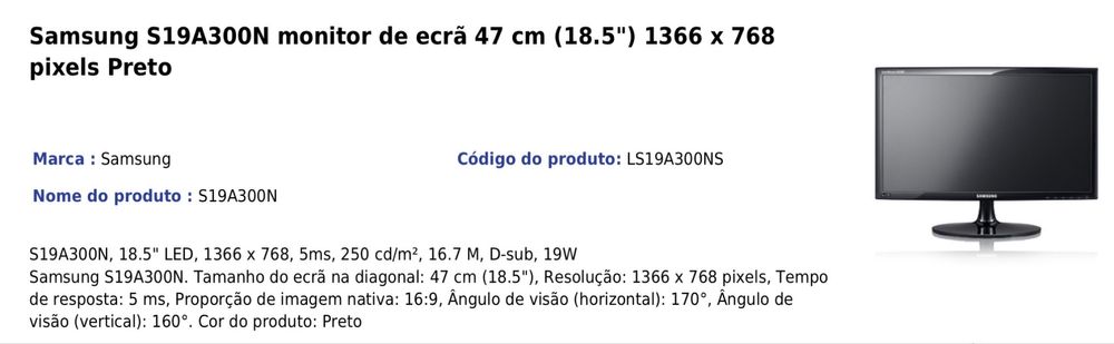 Monitor 47cm (18,5”) Samsung S19A300N 1366 x 768 pixels