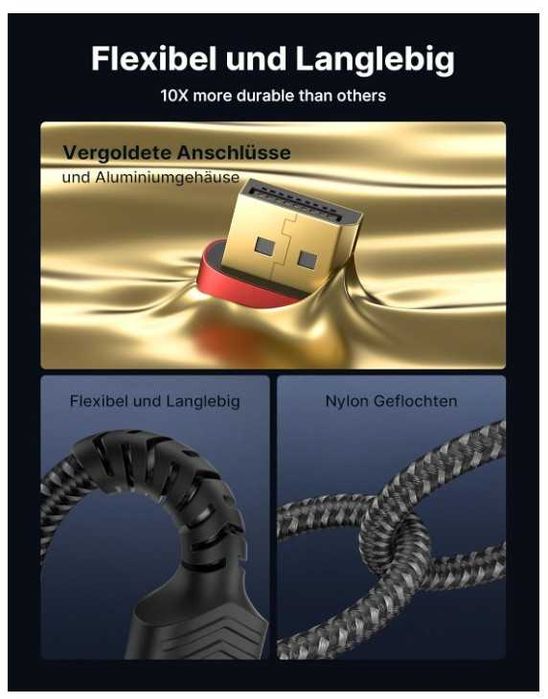 Kabel DisplayPort 8K UHD 2m JSAUX w oplocie