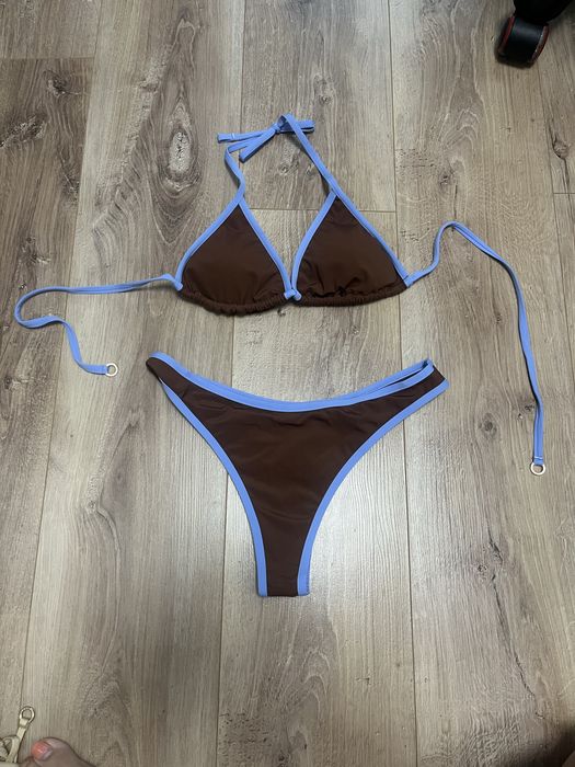 Dwuczęściowe bikini brązowe z błękitną lamówką (Calzedonia)