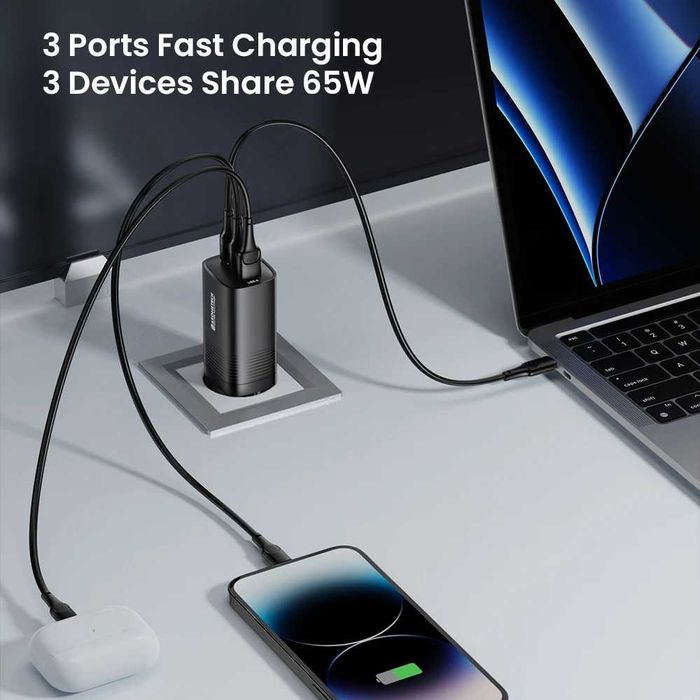 Надійна Швидка Зарядка Asometech 65W GaN USB 2C+U. Зарядка для ноутбука. Зарядка для телефону. Samsung iPhone 17 16 15 14 13 Pro MacBook