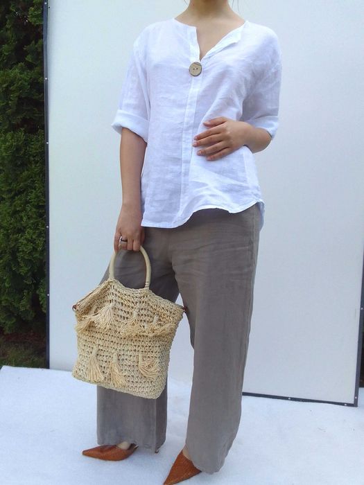 Lniany komplet szerokie spodnie koszula 100% len puro lino S M L uniwe