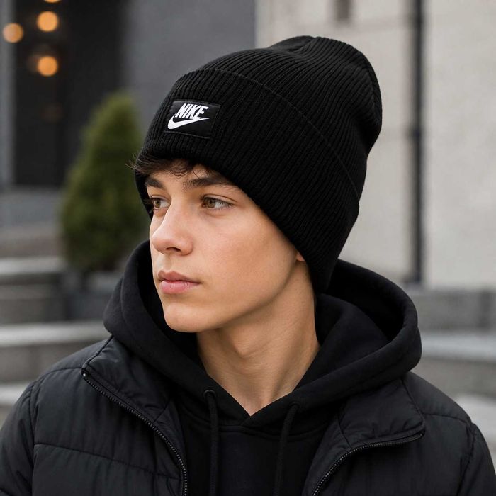Тепла подвійна шапка-лопата Nike (Найк) чорна з емблемою ZE00123-8