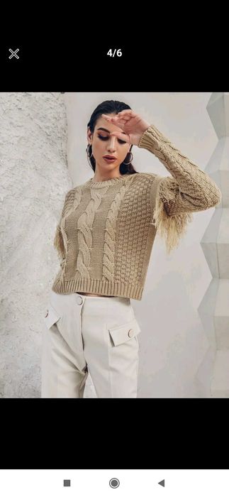 Nowy sweter damski Boho z frędzlami beżowy oversize modny 36 s
