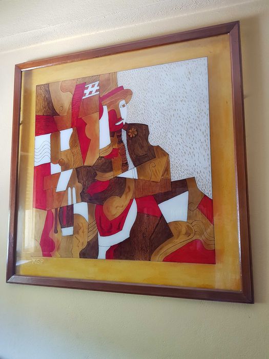 Quadro de vidro pintado à mão, com inspiração num lenço