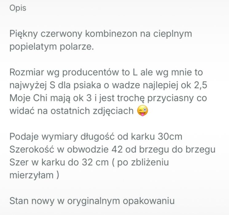 Nowy Kombinezon czerwony S / L dla psa do 3 kg