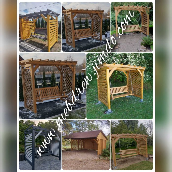 Ogrodowe meble drewniane + metal ocynk stół 2 ławki 2 fotele zestaw