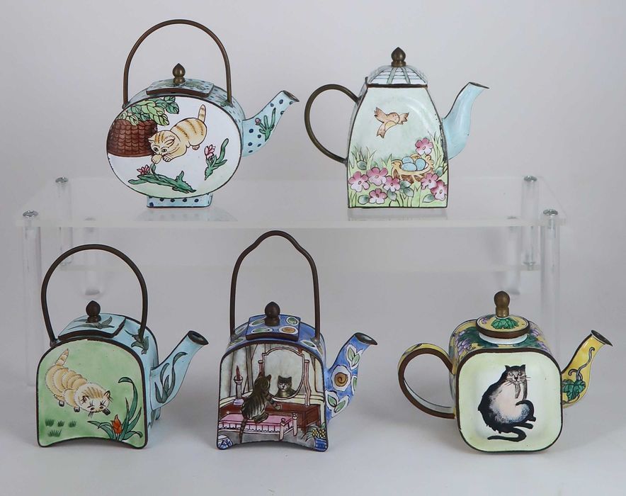 Conjuntos de 5 bules miniatura esmalte de cantão -Gatos