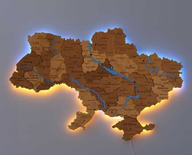 Дерев'яна мапа України з підсвіткою річок карта Украины с дерева декор