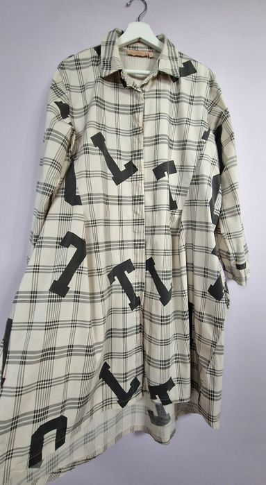 Beżowa luźna sukienka w kratę typu worek L XL 2XL Marta
