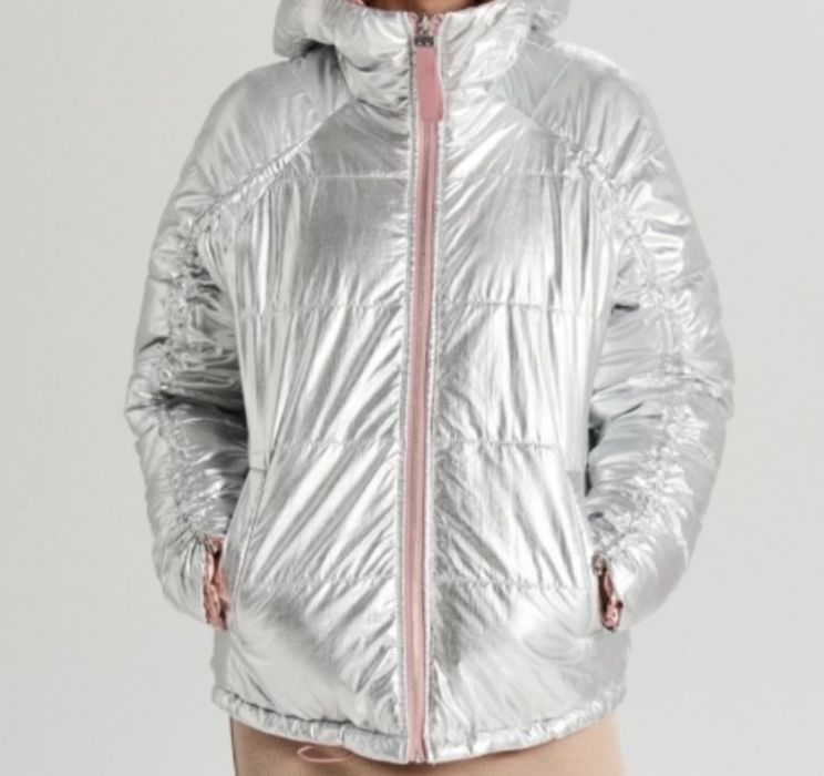 Zimowa kurtka srebrna różowa dwustronna Cropp L