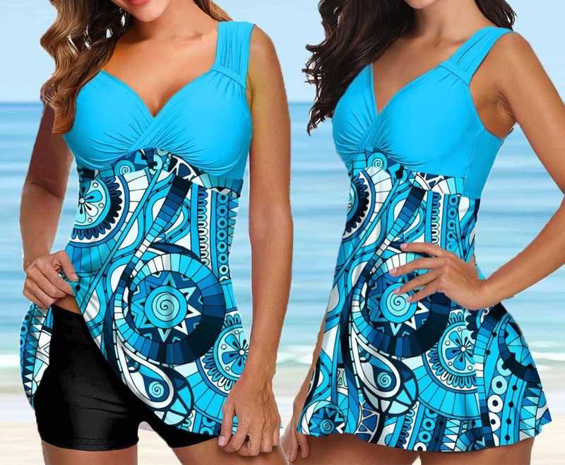 Damski Bikini Tankini Szorty Sukienka Tunika Top Bokserka Strój Kąpielowy Pastelowy Print Wyjmowane Wkładki Kostium Kryjący Wyszczuplający rozm 3XL