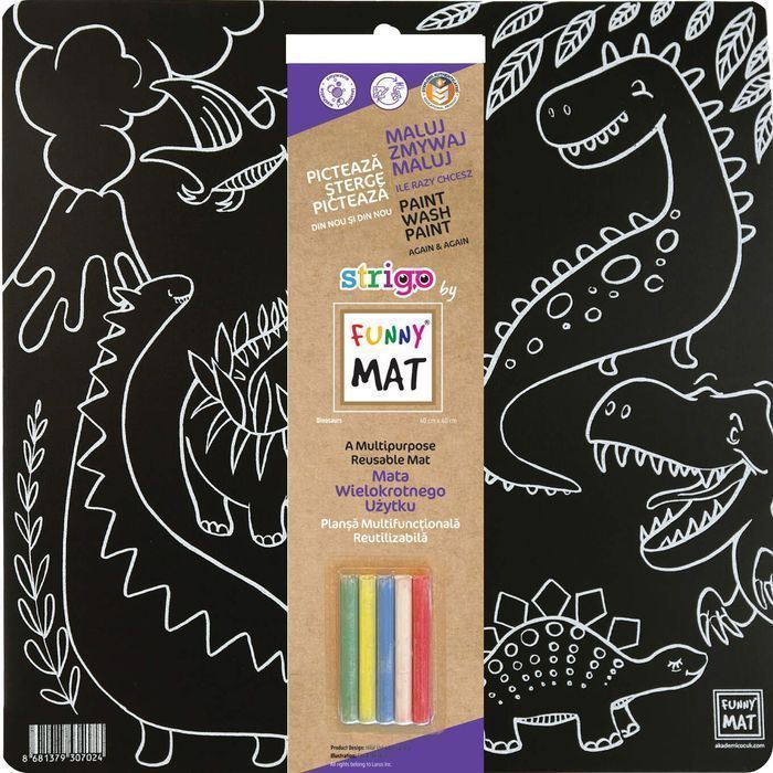 Czarna Mata Strigo Funny Mat Dinozaury 40X40 Cm + Kreda Strigo